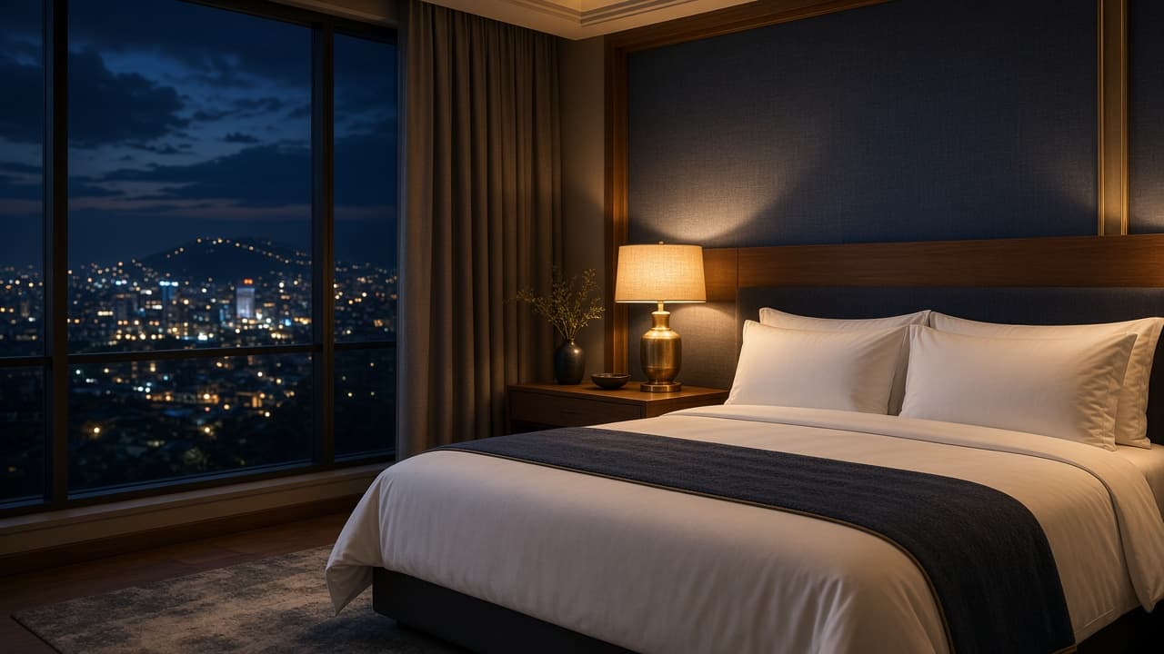Warm hotel room at night overlooking city lights